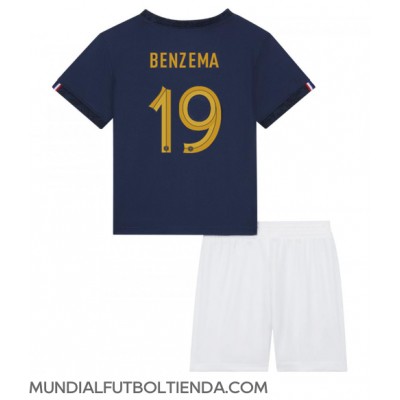 Camiseta Francia Karim Benzema #19 Primera Equipación Replica Mundial 2022 para niños mangas cortas (+ Pantalones cortos)